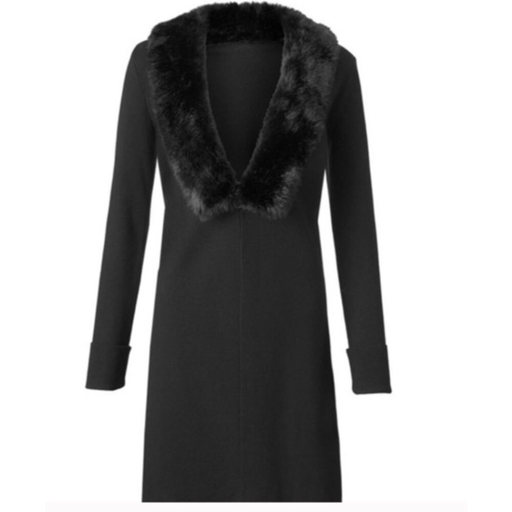 CAbi Dynasty Sweater Cardigan Black Faux Fur Collar Duster Knit #3679 , Size S